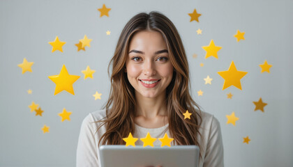 Smiling woman holding tablet with stars around her on gray background