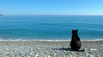 Black cat sitting on pebble beach gazing at idyllic aqua sea under blue sky in summer sunshine