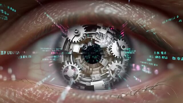 A Human Eye Morphing into an Intricate Mechanical Iris: Digital Data Visualization Overlaying the Transforming Pupil and Synthetic Aperture.