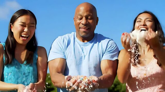 A Group of Diverse Friends Engages in a Playful Food Fight in Slow Motion&mdash;Capturing Authentic Laughter and Expressions of Pure Joy and Merriment in a Lighthearted Scene.