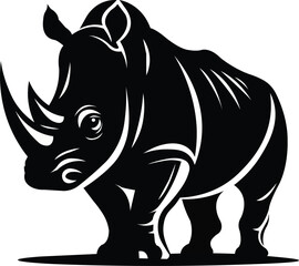Fototapeta premium A stylized black silhouette of a rhinoceros standing with its head turned slightly to the right showcasing its two prominent horns