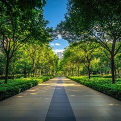 Obraz premium Sunlit path through lush green trees leading to a city view