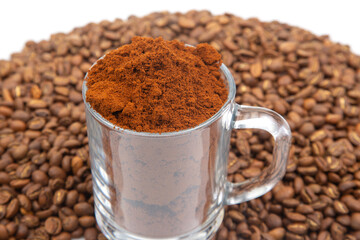 Close-up view of a glass mug filled with fresh coffee grounds, nestled among roasted beans, capturing the rich colors and textures of coffee culture.