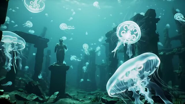 A colossal, ethereal jellyfish drifts through the deep: Its translucent form adorned with complex designs, swimming above the ruins of a sunken, age-old metropolis.