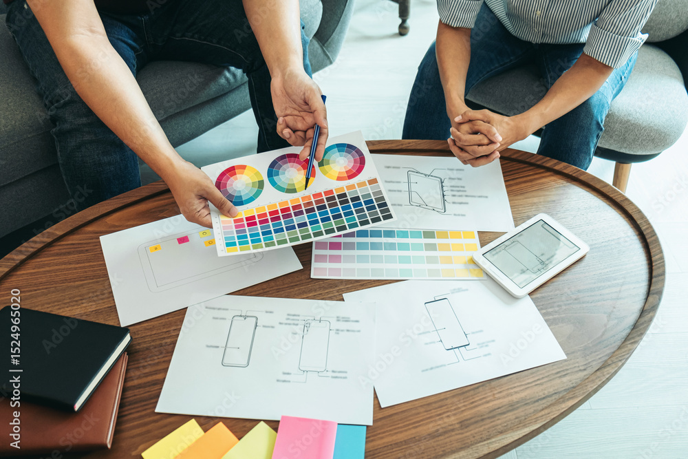 Wall mural team of creative web/graphic designer planning, drawing website ux app for mobile phone application 
