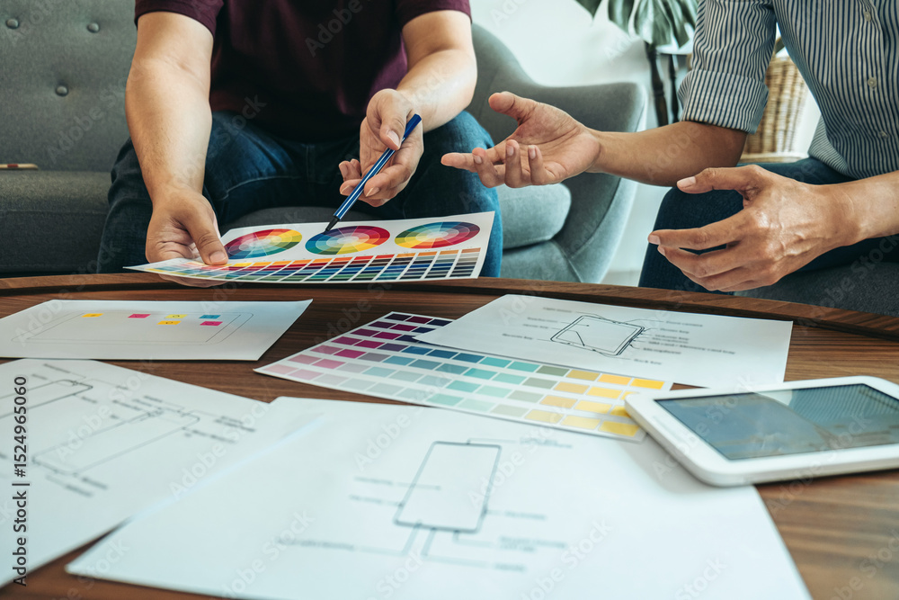 Wall mural professional creative team of web/graphic designer planning, drawing website ux app for mobile phone