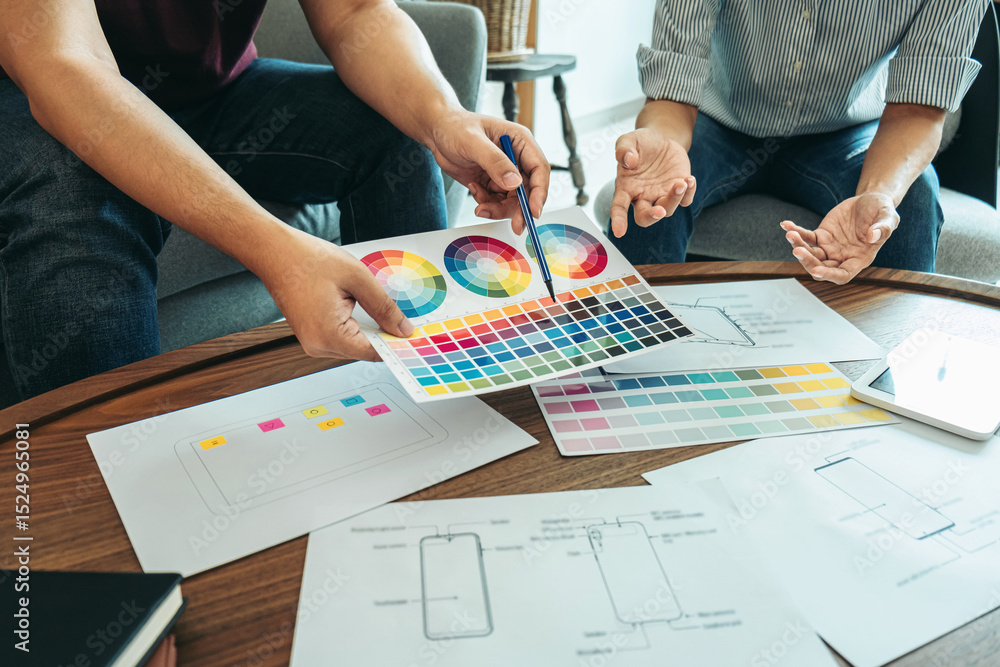 Sticker team of creative web/graphic designer planning, drawing website ux app for mobile phone application 