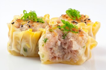 Open-faced dumplings filled with pork and shrimp served on a white background showcasing delicious dim sum culinary art at a modern dining setting