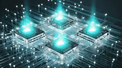 Animated futuristic computer processor network with glowing nodes and data flow connections - Powered by Adobe