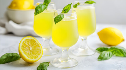 Fototapeta premium Refreshing lemon drinks in glasses garnished with basil leaves, surrounded by fresh lemons and basil on a bright surface.