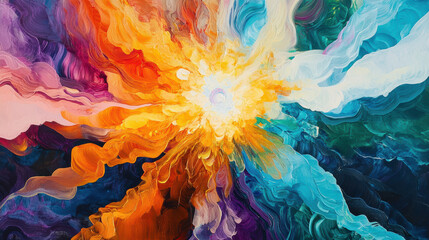 Vibrant abstract explosion of colorful paint swirls with bright center and dynamic wave patterns illustrating creativity energy and artistic expression