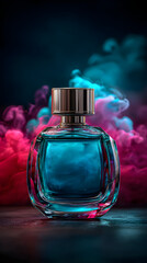 blue perfume bottle with pink and blue smoke on dark background