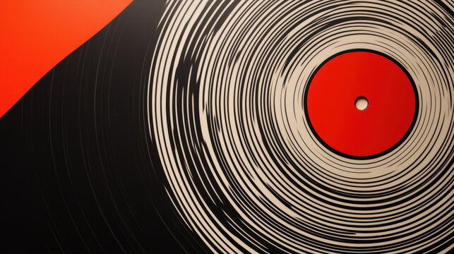 Close-up of a vinyl record with a red label spinning on a turntable creating concentric circles and a retro musical vibe for o and music enthusiasts