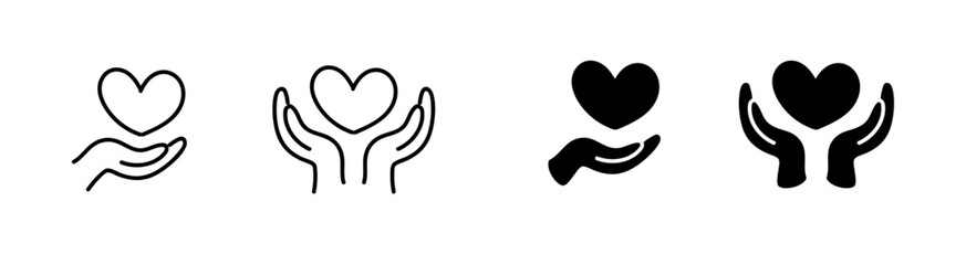 Doodle heart in hand illustration set. Hands holding heart icon sketch. Love icon. Health, medicine symbol. Healthcare hands holding heart flat and line style