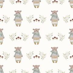 Watercolor Forest Bear Seamless Pattern Background