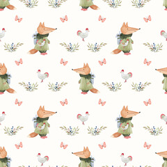 Watercolor woodland pattern fox. Seamless background