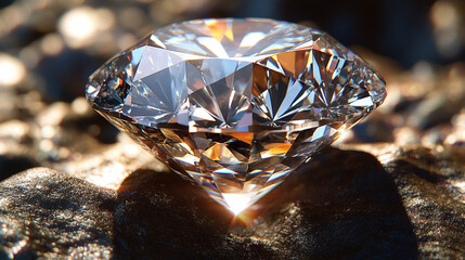Diamond glistening on rough rock, sunlit background