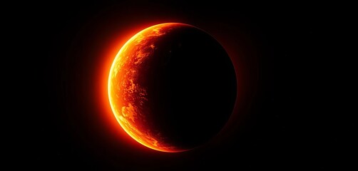 Obraz premium A fiery half-illuminated planet hangs in the inky blackness of space, its glowing surface contrasting sharply with the dark side, contrast, dark side