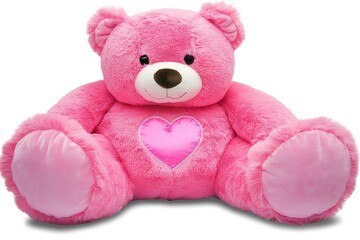 A pink teddy bear with a heart on its chest sitting against a white background in a studio shot