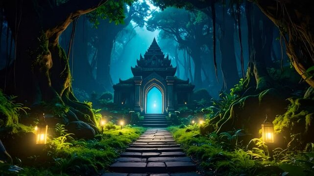 Mysterious forest temple pathway