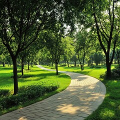 Obraz premium Serene park path winds through lush greenery under dappled sunlight