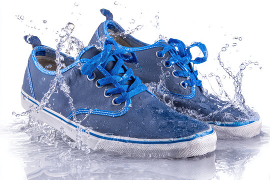 Blue sneakers get splashed, looking cool and refreshed