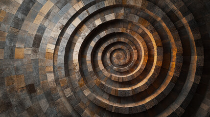Intricate spiral pattern of multicolored stone tiles creating a mesmerizing vortex effect in a large circular mosaic design with detailed textures and warm earthy tones