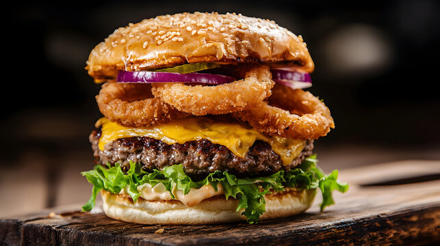 Juicy cheeseburger with crispy onion rings, lettuce, cheese, pickles, and sauce on a sesame seed bun, served on a rustic wooden board. - Powered by Adobe