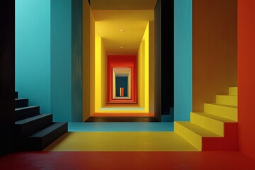 Hallway perspective with vivid hues, creating a visually striking architectural design using strong colors and geometric shapes.