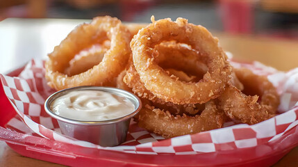 Crispy onion rings served on a red-checkered tray with a side of creamy dipping sauce.