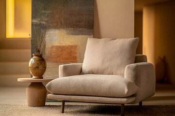 Inviting living space with warm soft lighting plush cushions and a wooden side table styled in modern rustic decor with textured fabrics and an earthy muted color palette

