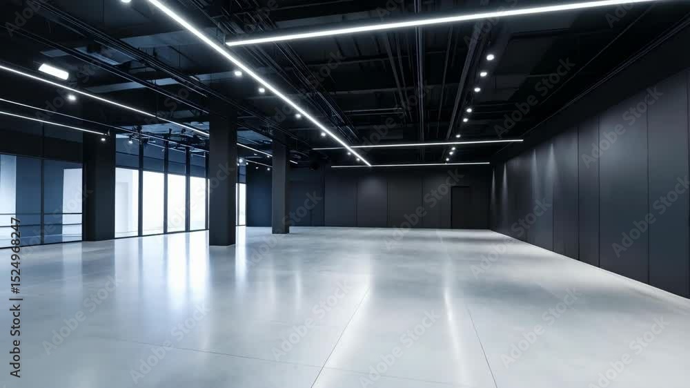 Poster large empty modern event space featuring a dark ceiling with bright linear lights and polished concr