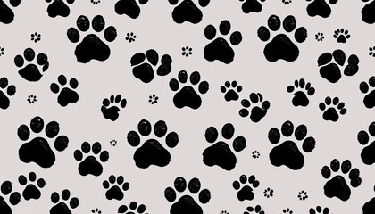 Fototapeta premium Black doodle puppy paw prints seamless pattern background , pet prints, puppy paws