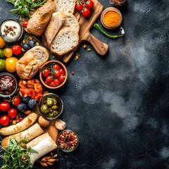 A vibrant array of fresh bread, olives, tomatoes, and sauces arranged on a dark background, leaving ample space in the center