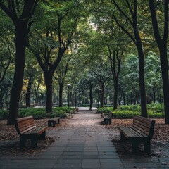 Serene park path lined with trees and benches
