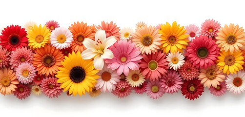 Flat lay of assorted colorful flowers including daisies and roses on white background. Perfect for floral designs, patterns, and spring or summer-themed creative projects.