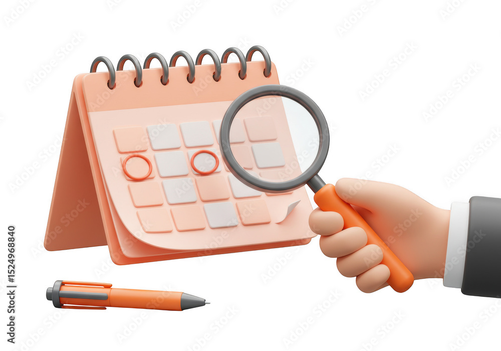 Poster 3d render of calendar with magnifying glass isolated on transparent background