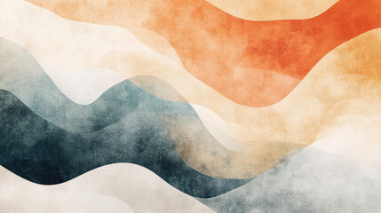 Abstract watercolor landscape with flowing layered shapes in warm orange and cool blue tones creating a calming scenic background for design projects