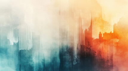 Abstract urban landscape painting with vibrant colors blending seamlessly from cool blues to warm oranges and yellows simulating a modern city skyline impression