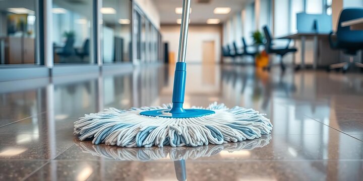 Close-up of a mop cleaning a shiny office floor,  product,  pristine