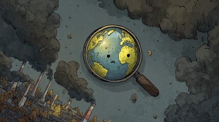 Conceptual Earth Under Magnifying Glass, Symbolizing Environmental Awareness and Pollution Concerns