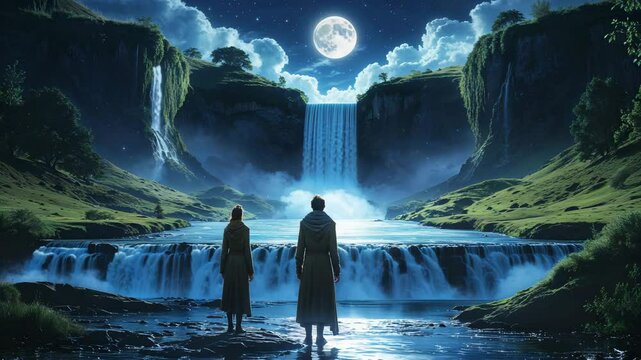 Majestic waterfall landscape under a full moon featuring two people in long coats standing