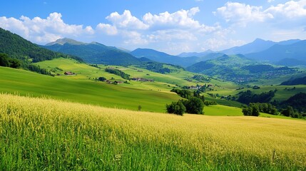 landscape with green grass and mountains
