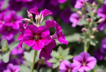 Obraz premium Close-up of vibrant purple royal geranium blossoms against a blurred backdrop of purple geraniums, selective focus, horticulture