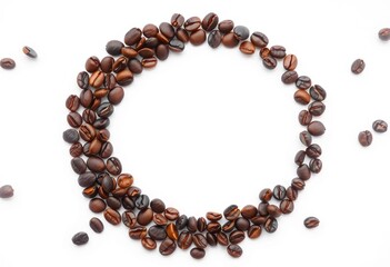 Crescent moon shape formed by dark roasted coffee beans on white background, cappuccino, pattern