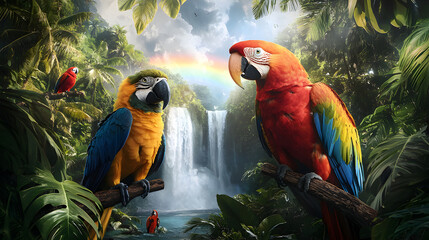 Two colorful parrots perch in a lush tropical jungle with a waterfall and rainbow in the background.