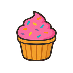 A flat vector illustration of a cupcake with pink frosting and sprinkles.