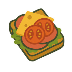 A flat illustration of a sandwich with layers of bread, meat, and vegetables.