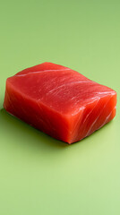 Fresh red tuna fillet on green background food photography studio setting minimalist view culinary concept