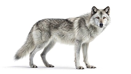 Obraz premium Gray wolf standing on white background, side view of wild animal in high resolution 